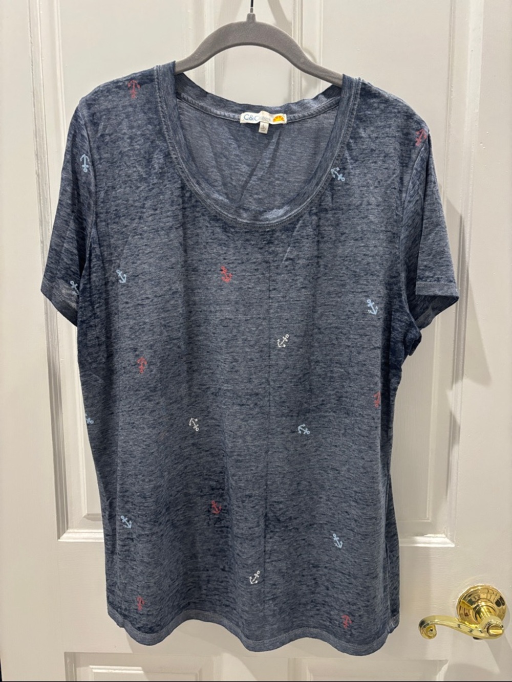 C&C California Navy Scoop Neck Tee with Mini Anchor Motif